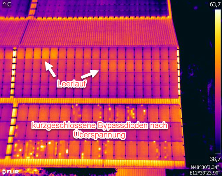 Das Bild zeigt die Thermografieaufnahme einer PV-Anlage nach einem typischen Überspannungsschaden.